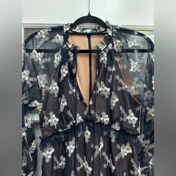 BCBGMAXAZRIA Embroidered Mesh Dress Dark Midnight Blue Floral Ruffle Size XXS - Picture 4 of 16